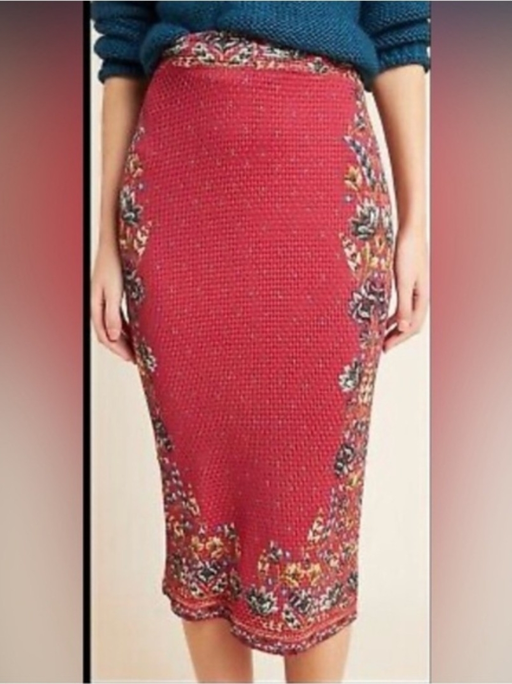 FARM Rio Red Floral-Panel Midi Pencil Skirt Catalina Knit, Boho, Anthropologie